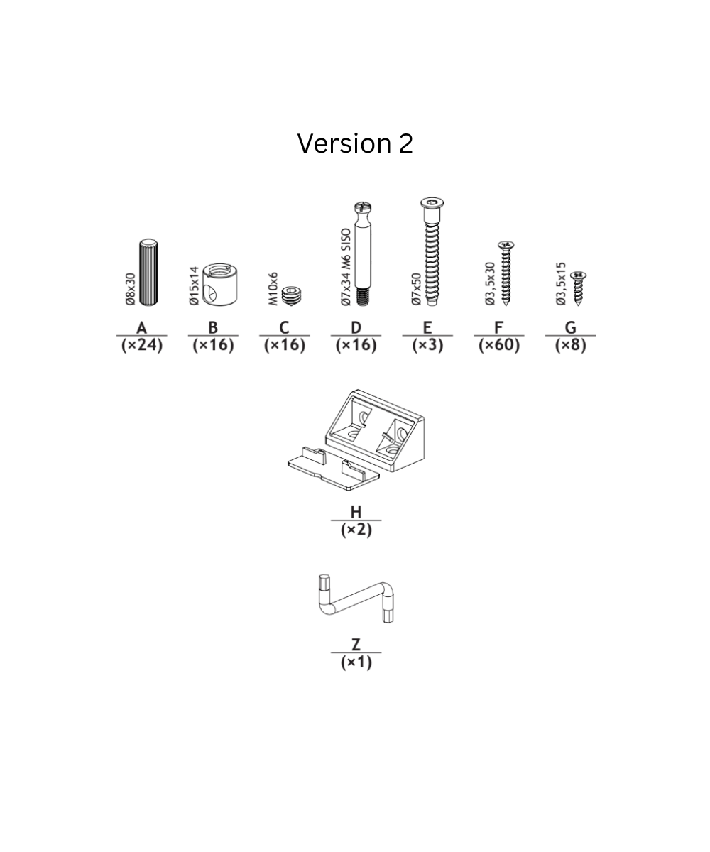 Labeled diagram of River Twin Bed Hardware for assembly, showing screws, dowels, and an Allen key.