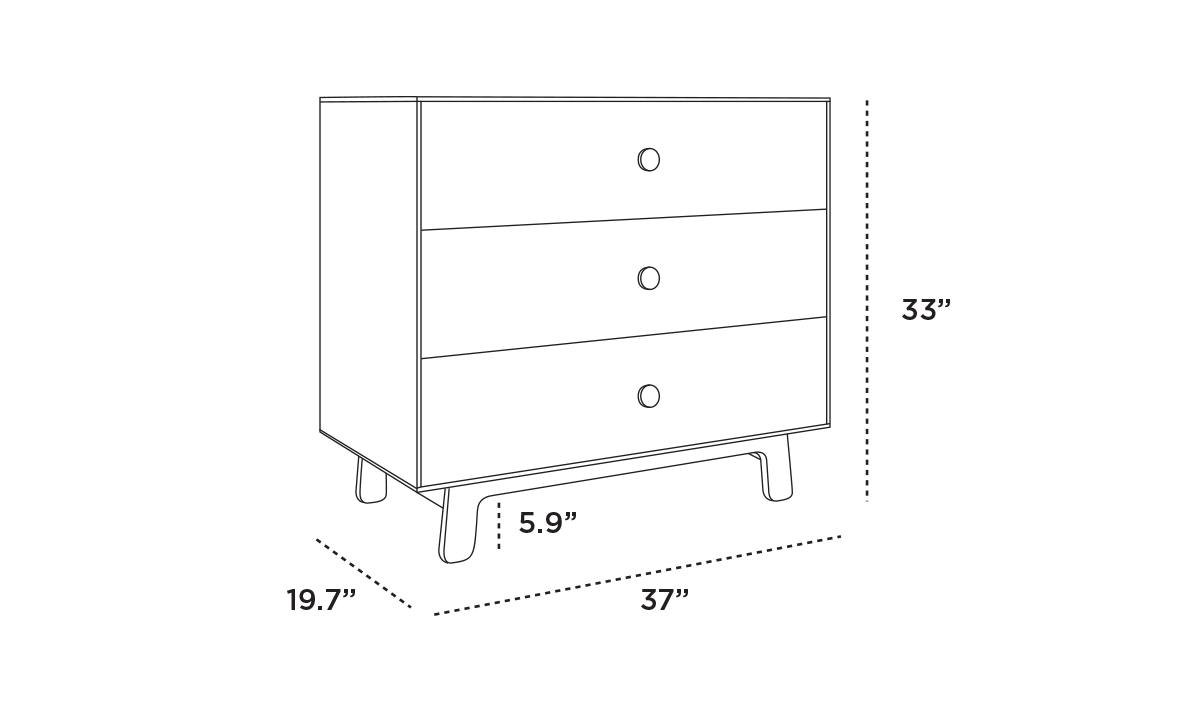 Diagram of a three-drawer chest with dimensions: 33 height, 37 width, 19.7 depth, and 5.9 leg height.