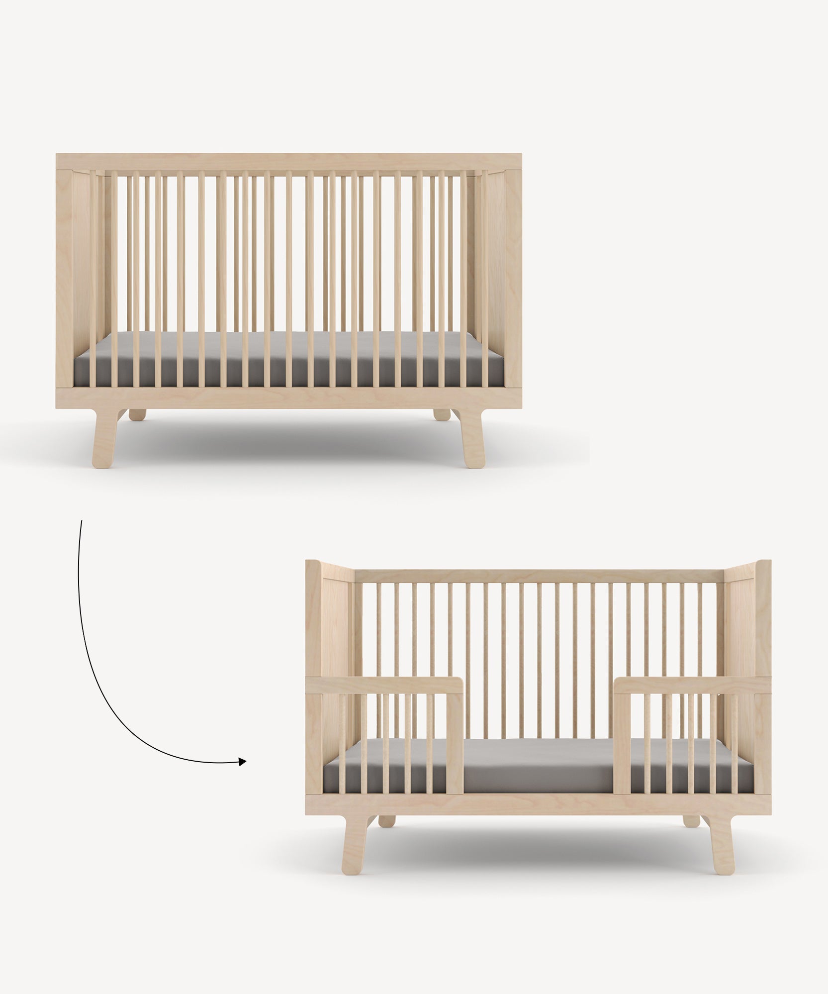 Two slatted wooden cribs, one converting into the Sparrow Toddler Bed with guardrails, shown with an arrow.