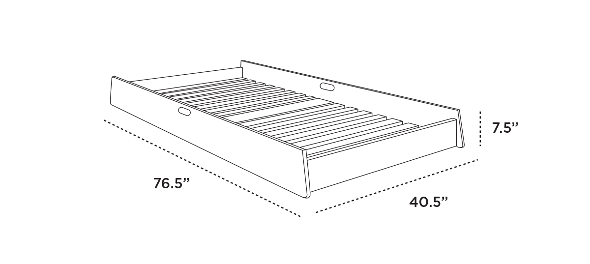 Illustration of a rectangular bed frame with dimensions: 76.5 inches long, 40.5 inches wide, and 7.5 inches high, featuring side handles.