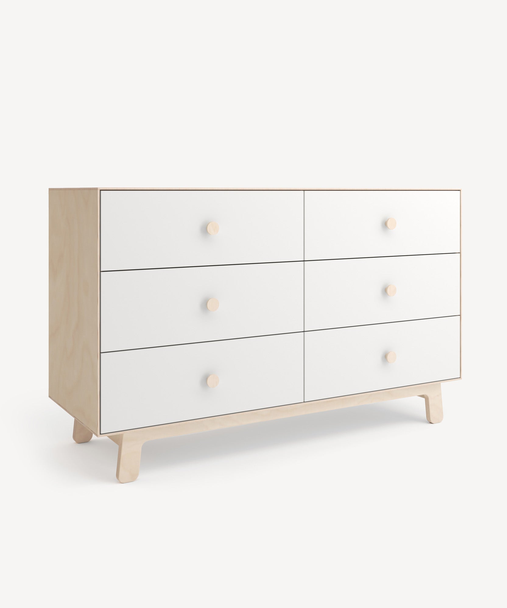 The Sparrow 6-Drawer Dresser is modern, white, with wooden knobs, a light wooden frame, and angled legs.