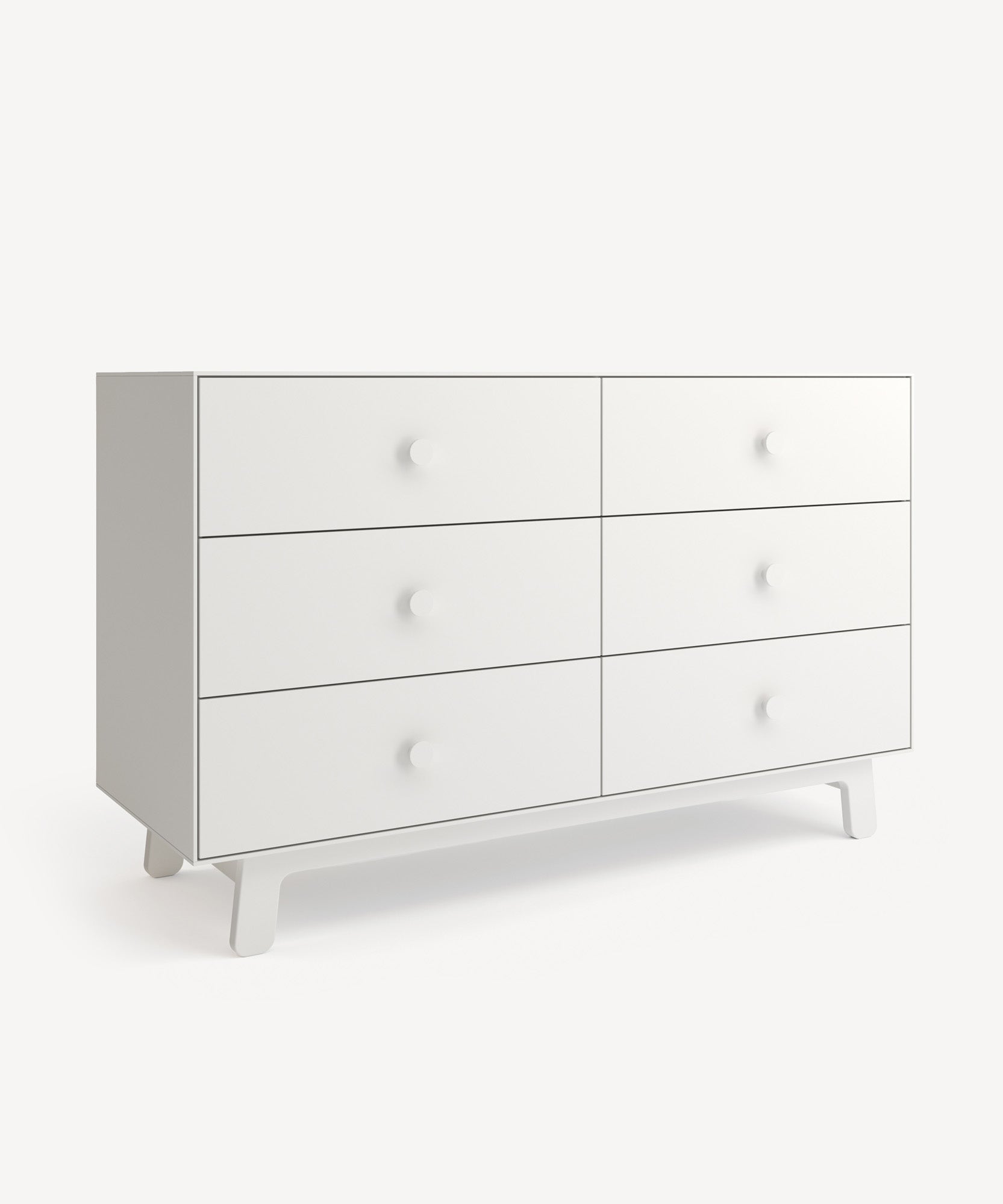 The Sparrow 6-Drawer Dresser features a minimalist design with round knobs and sits on four legs against a neutral background.