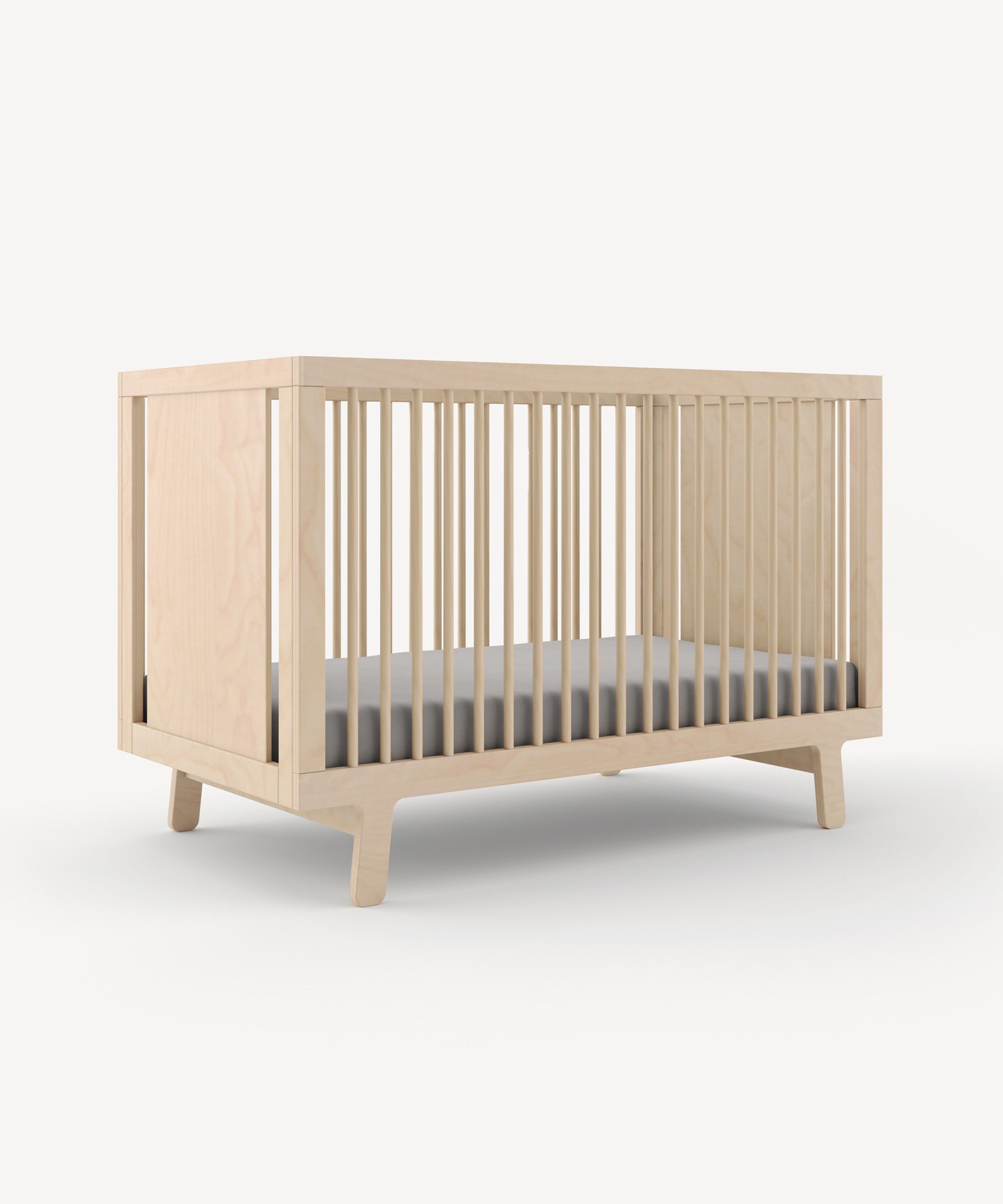 Sparrow Crib with a gray mattress on a white background, designed in a minimalist wooden style.