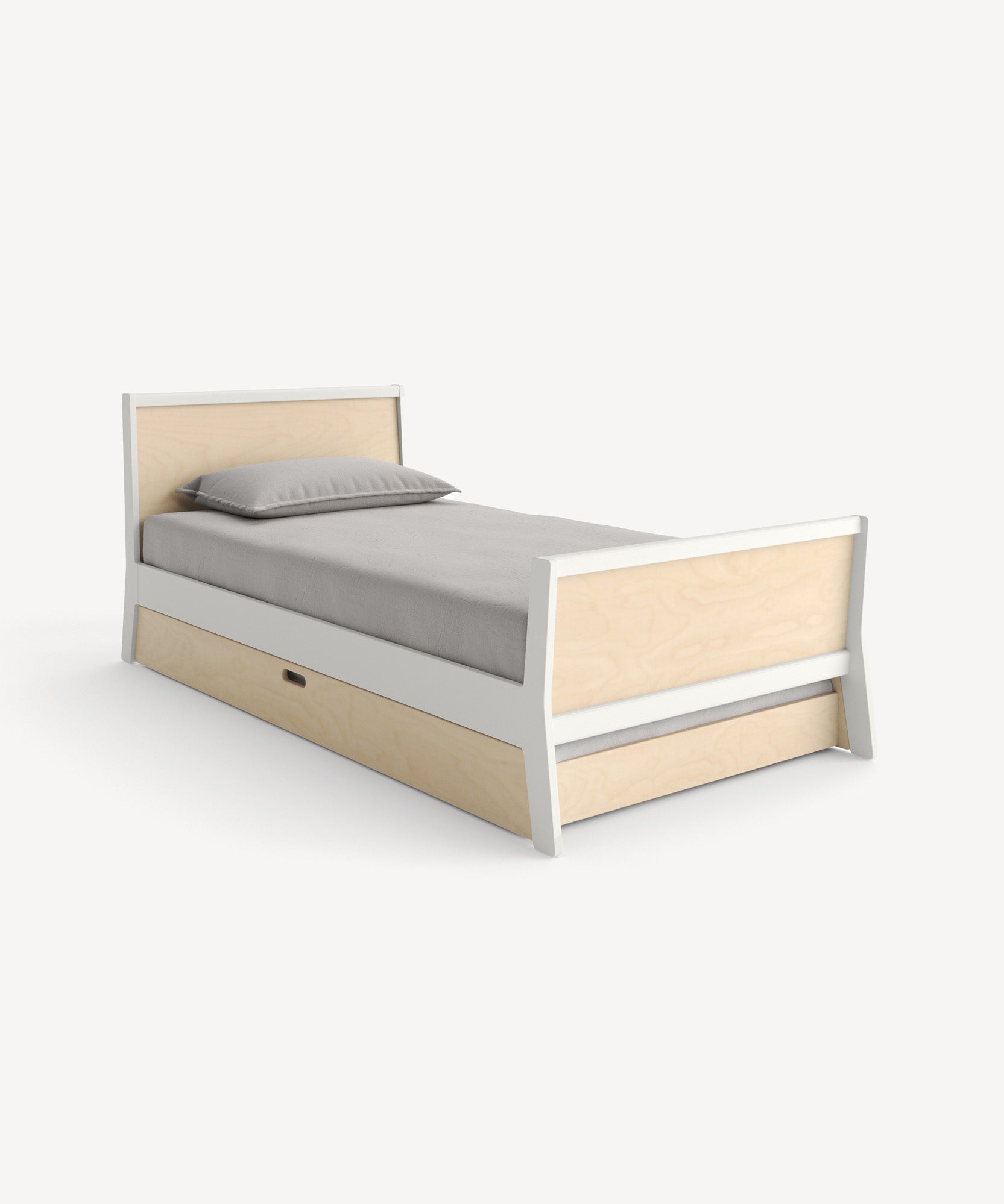 Sparrow Twin Bed: Light wood finish, gray bedding, and pull-out drawer underneath on a plain background.
