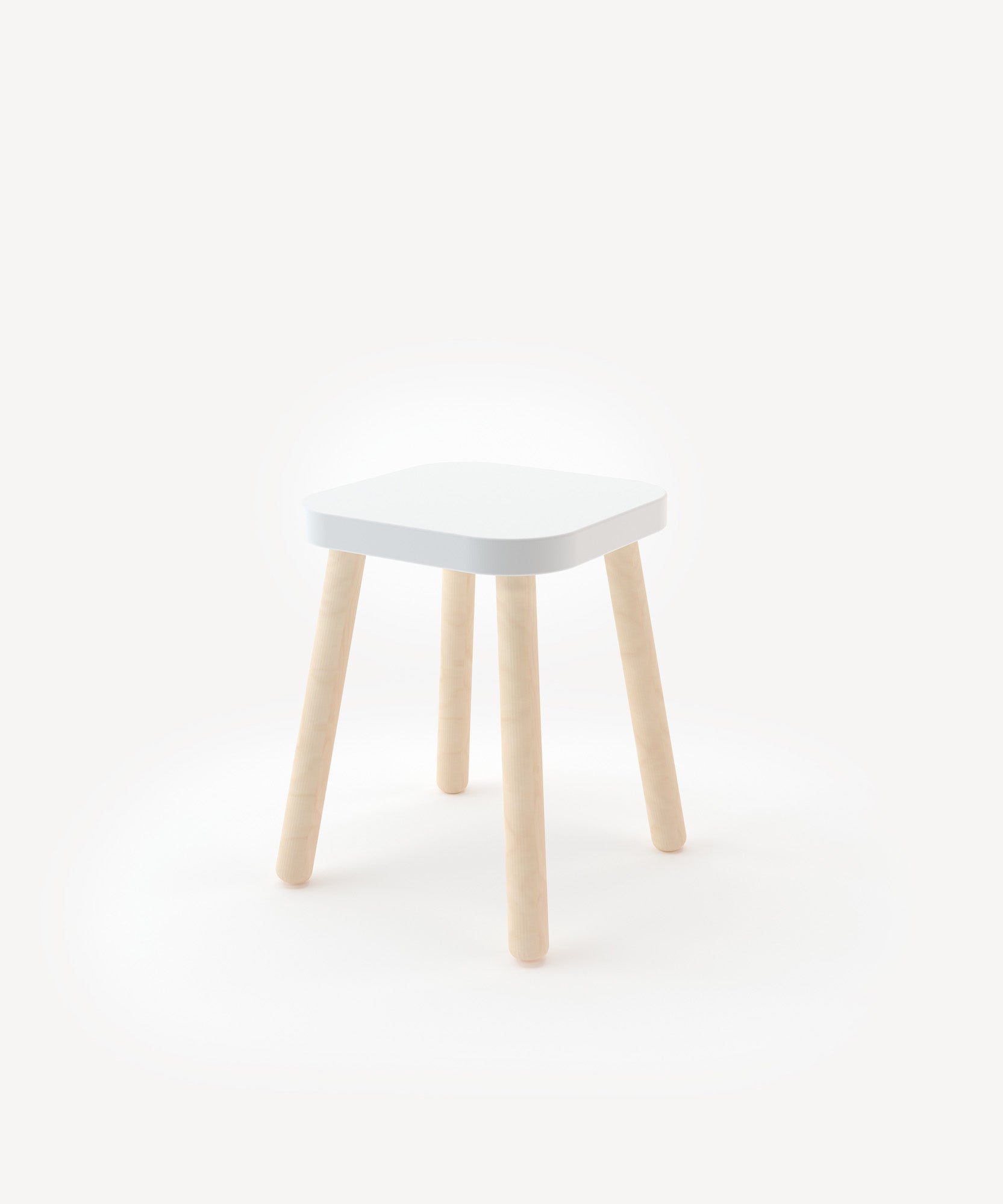 Square Stool: A minimalist design featuring a white square seat and four light wood legs, showcased on a white background.
