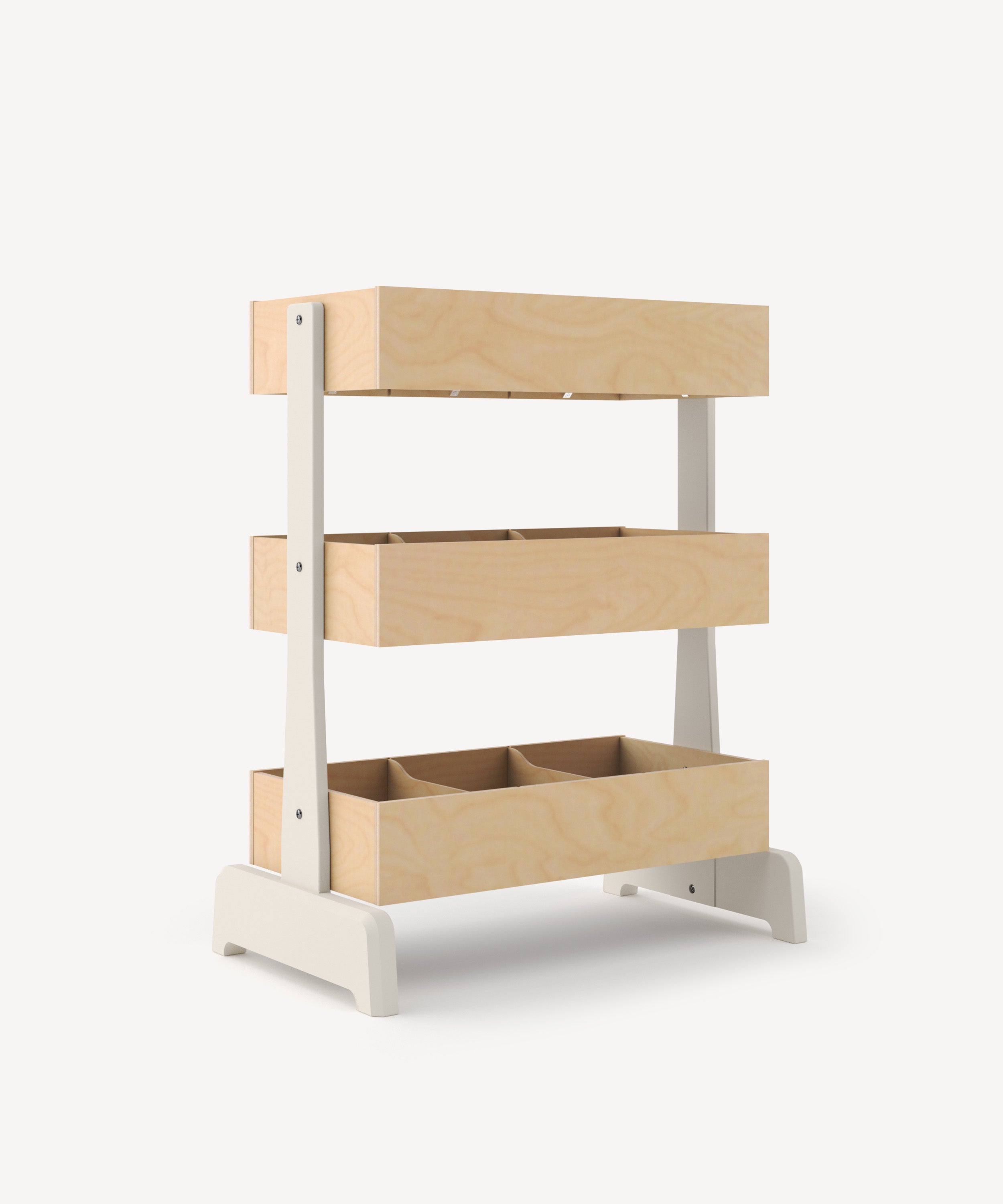 Toy Store: A wooden three-tiered organizer with a white frame on a light background.