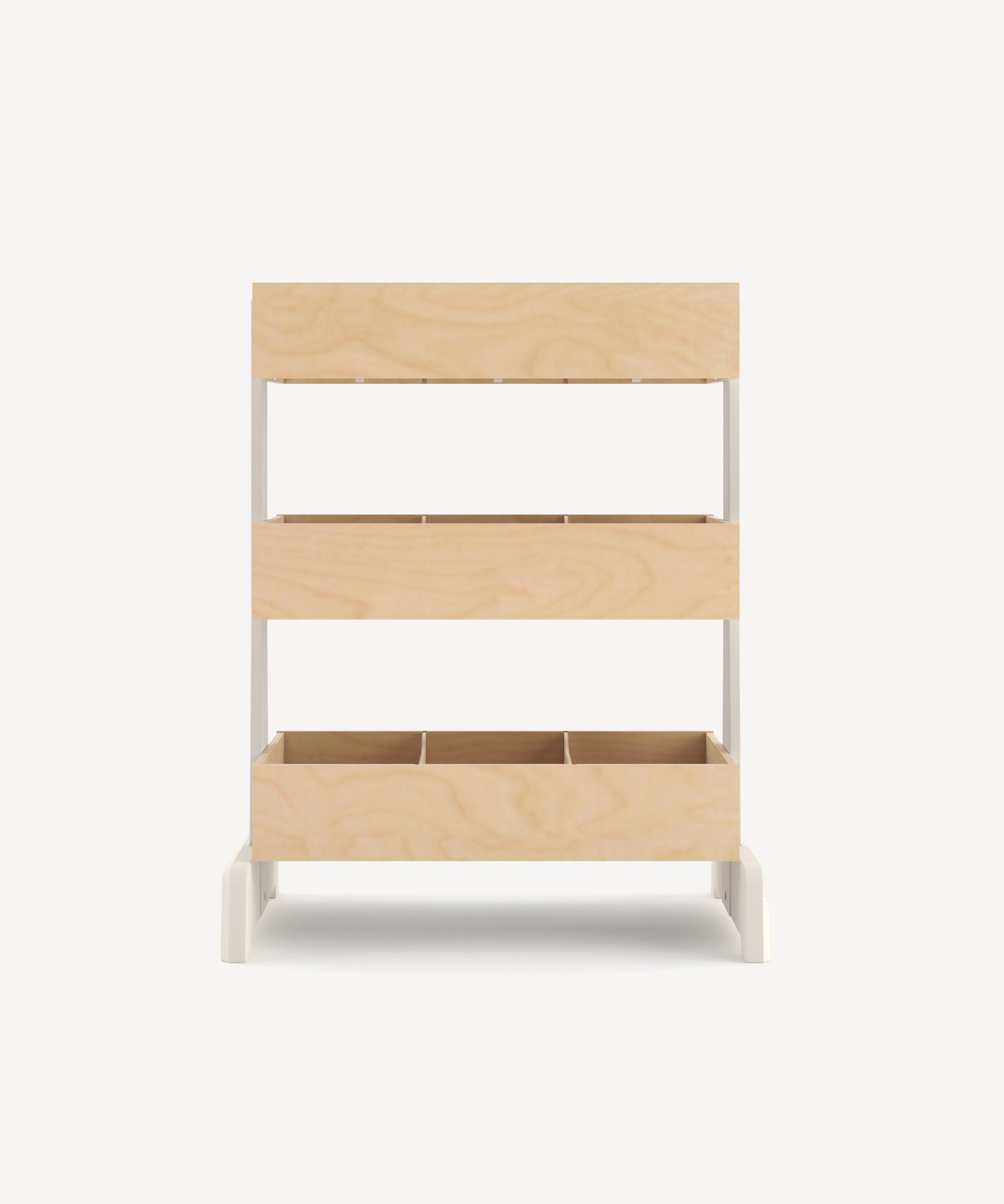 A three-tier Toy Store shelf with a white metal frame stands against a plain background.