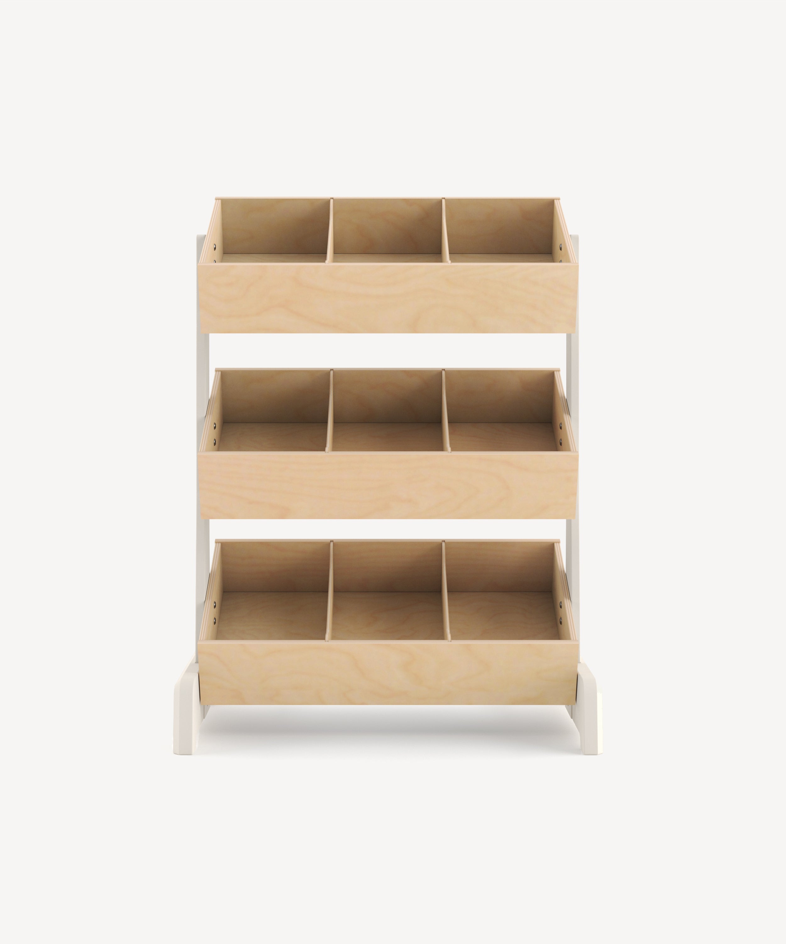 The Toy Store is a three-tiered wooden unit with multiple rectangular compartments on each shelf.