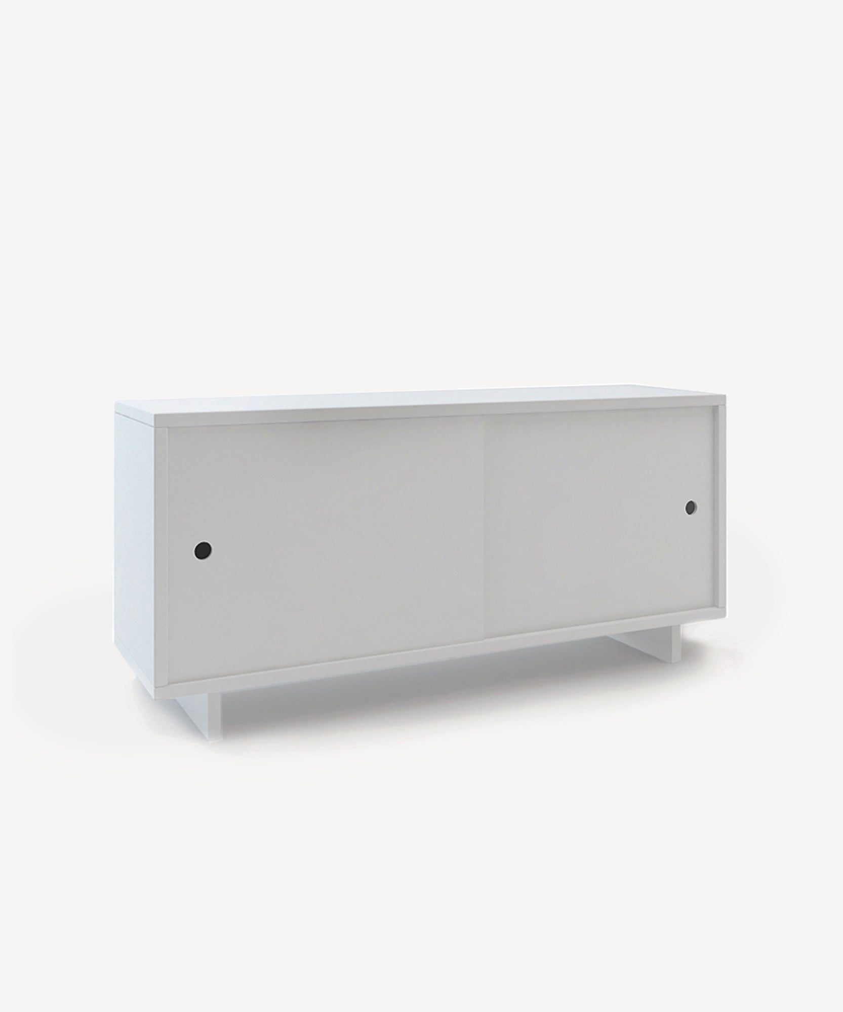 Perch Console - Twin Size: A minimalist white storage unit with sliding doors and circular cut-out handles.