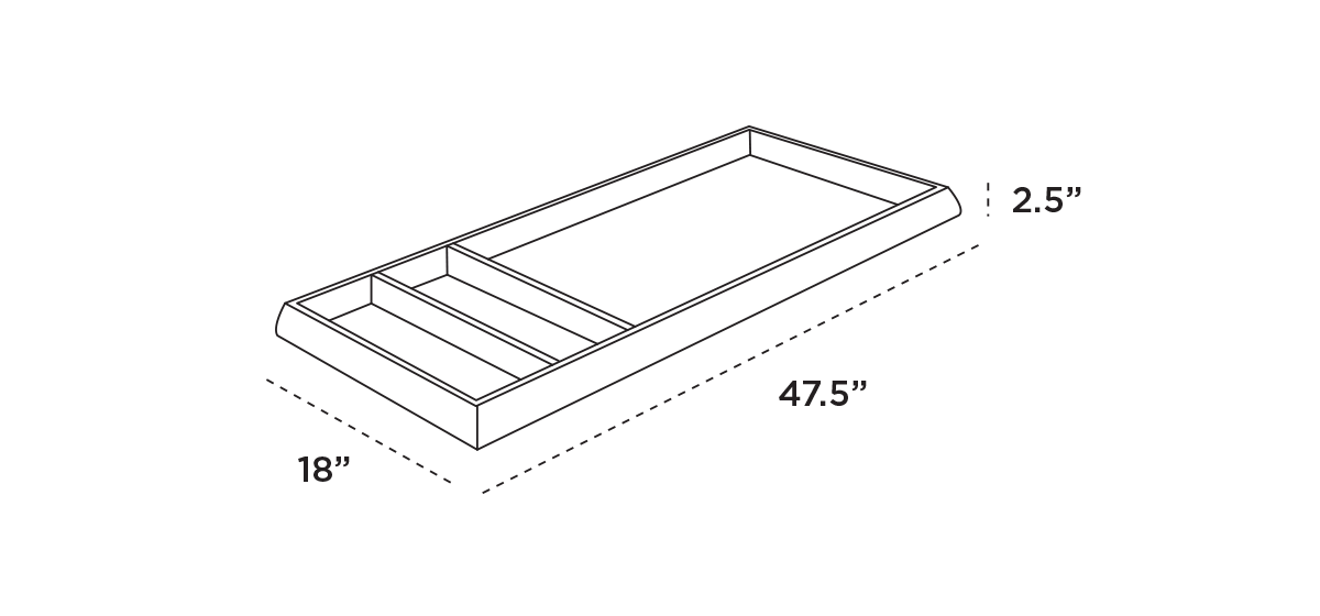 Diagram of a rectangular tray with dimensions: 47.5 inches long, 18 inches wide, and 2.5 inches high. The tray has multiple compartments.