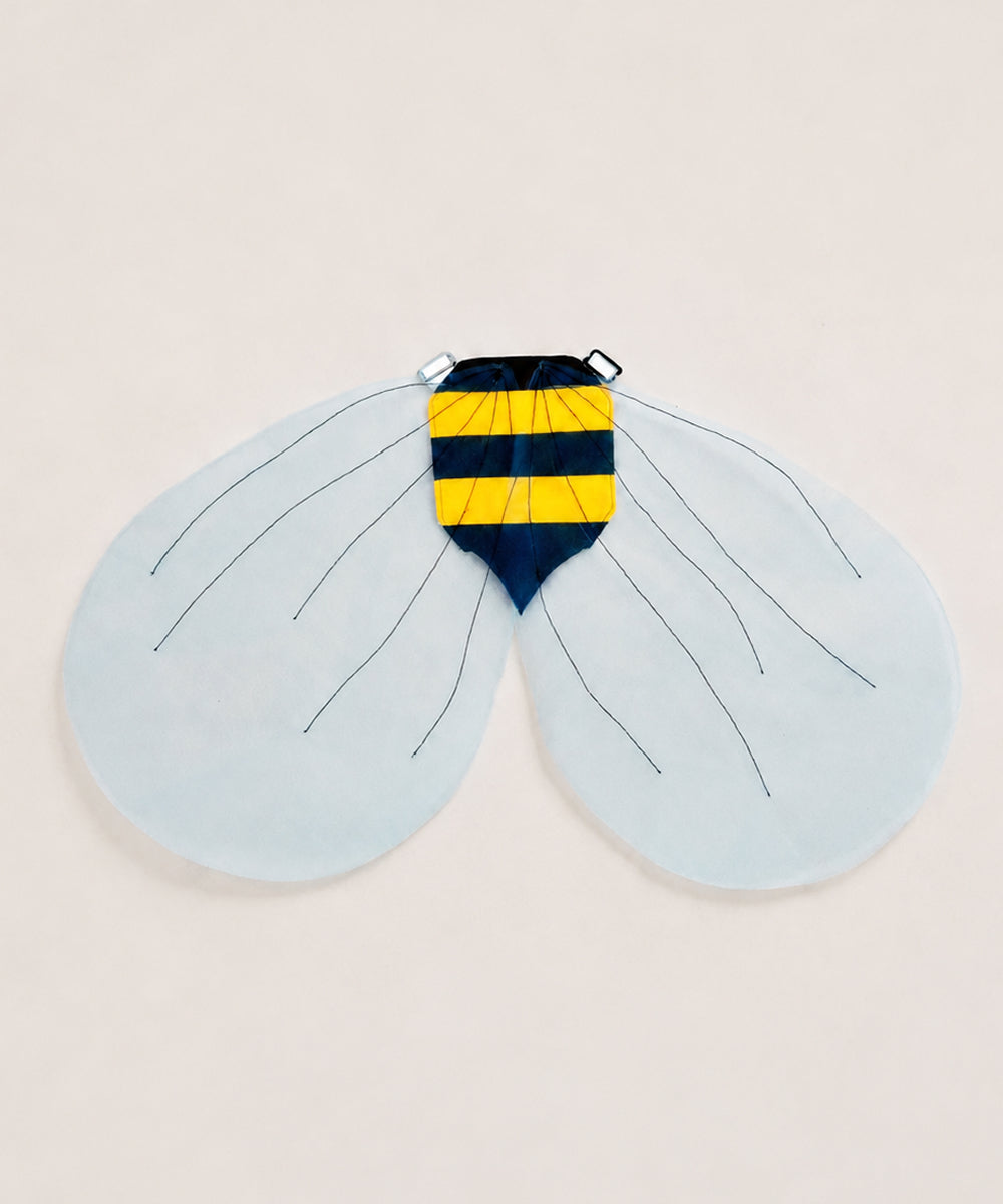 Bumble Bee Costume Wings featuring sheer, rounded wings with black lines and a yellow-black striped top, shown flat on a neutral background.