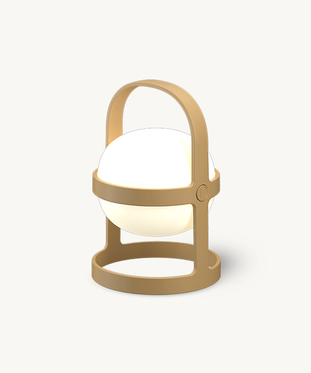 Rosendahl Soft Spot Solar Circular, Wheat: a beige, modern lantern with glowing round white light in a circular frame and handle on a plain white background.