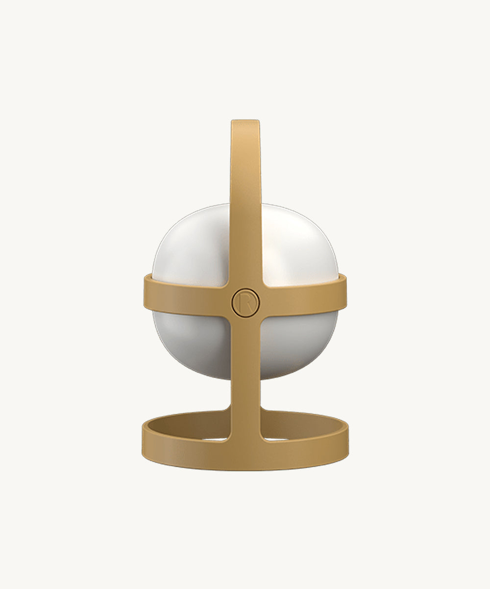 The Rosendahl Soft Spot Solar Circular in Wheat is a modern, spherical white lamp with a tan circular frame and handle, displayed on a plain background.