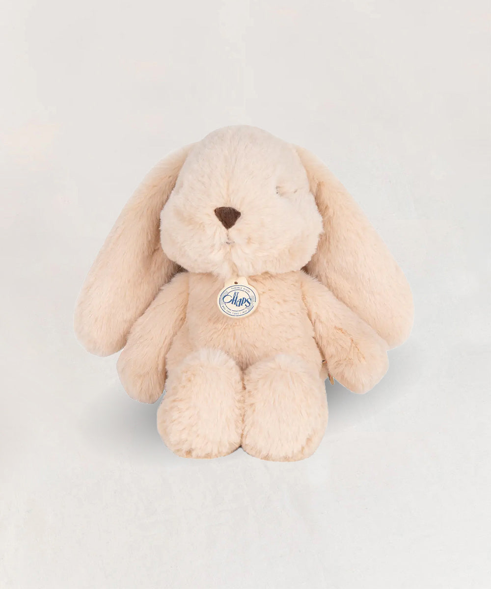 Bubbles le Bunny, a plush beige bunny with floppy ears, sits upright on a light background wearing an "Alps" tag around its neck.