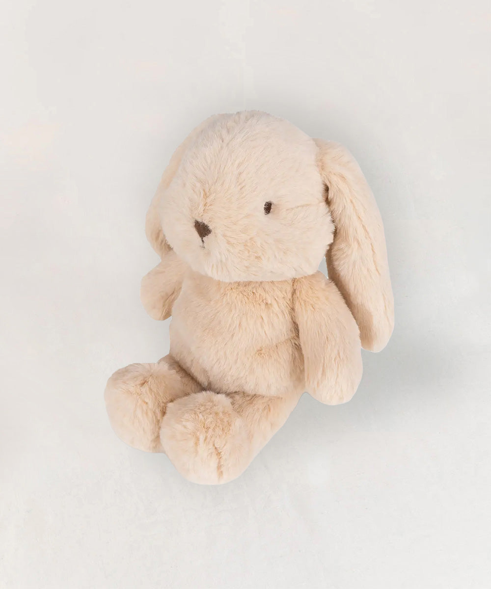 Bubbles le Bunny, a beige plush stuffed animal with floppy ears, sits on a white background.