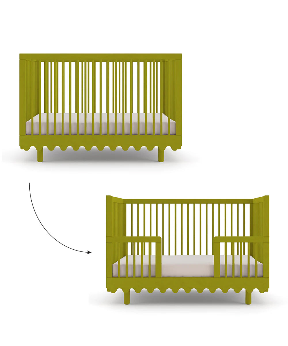 Two images showcase the Moss Crib Conversion Kit, displaying a green convertible crib transitioning into a toddler bed with guard rails, against a white background.