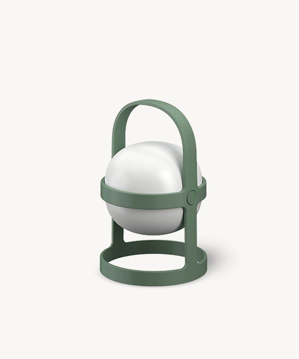 Rosendahl Soft Spot Solar Circular in Pine Green, featuring a white globe light, circular frame, and handle on a plain white background.