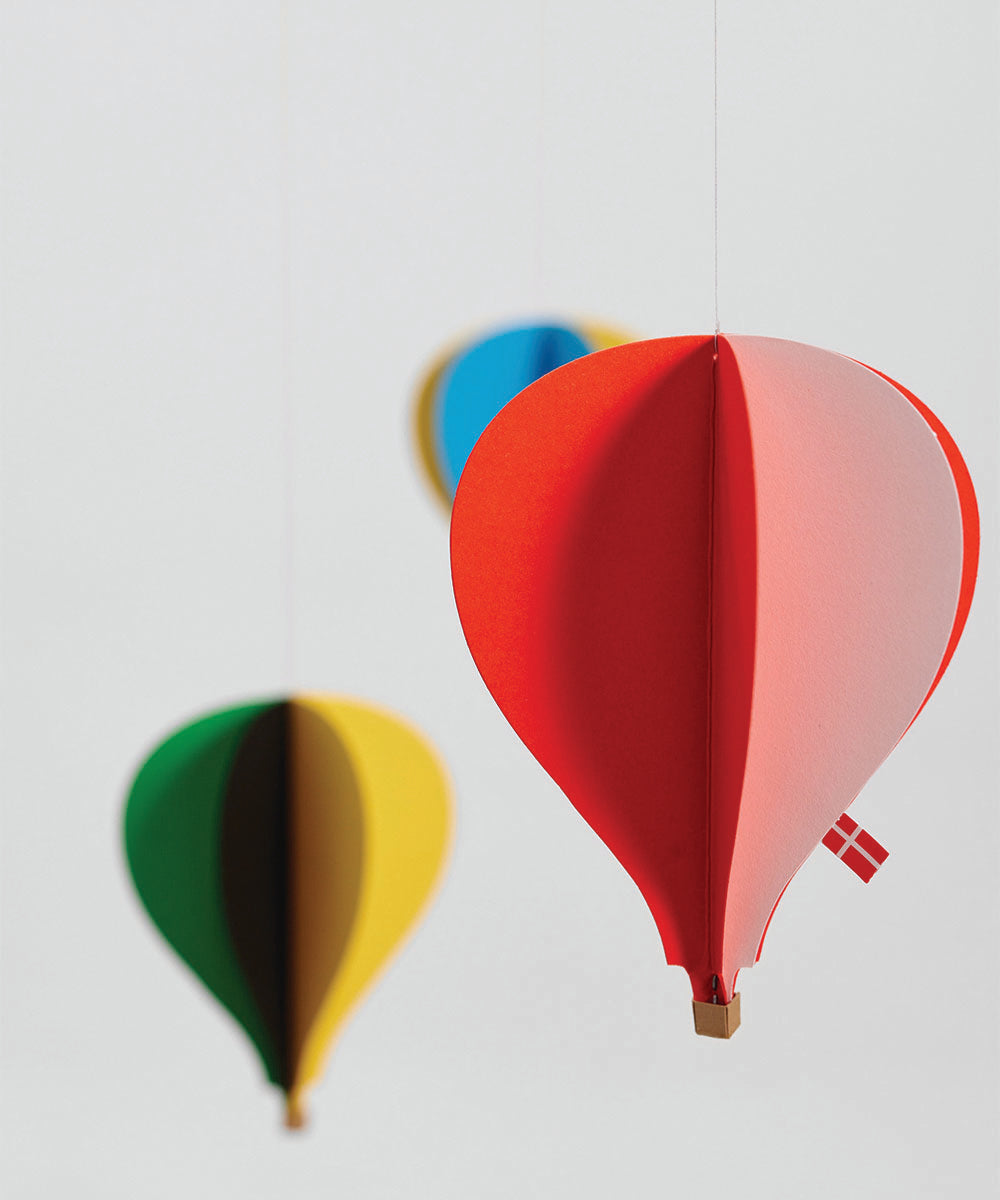 Le Balloon 5 colorful hot air balloon decorations hanging against a plain white background.